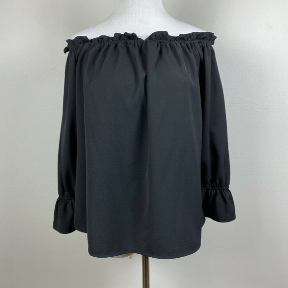 Lulus Top S Off The Shoulder Black Ruffle 3/4‎ Sleeve Solid Dressy Blouse - Picture 10 of 10